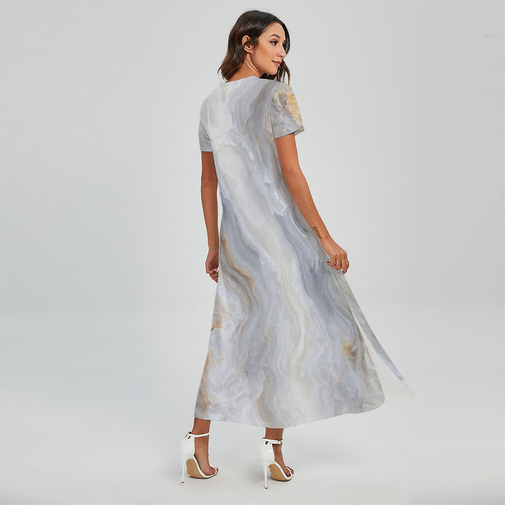 Grey Marble Print Short Sleeve Maxi Dress