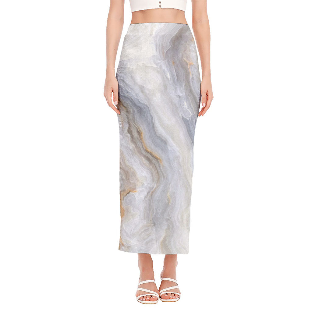 Grey Marble Print Side Slit Maxi Skirt