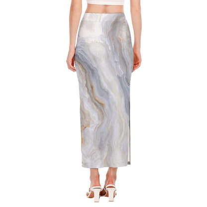 Grey Marble Print Side Slit Maxi Skirt