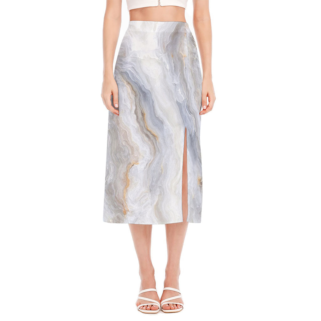 Grey Marble Print Side Slit Midi Skirt