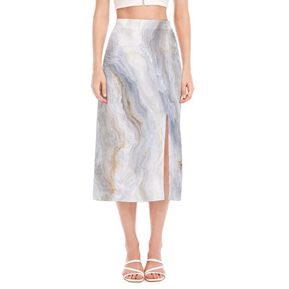 Grey Marble Print Side Slit Midi Skirt