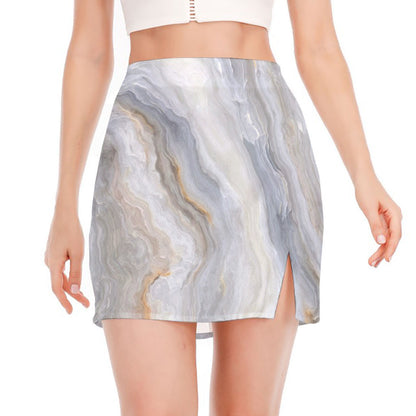 Grey Marble Print Side Slit Mini Skirt