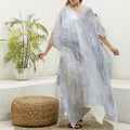 Grey Marble Print Silk V-Neck Kaftan Dress