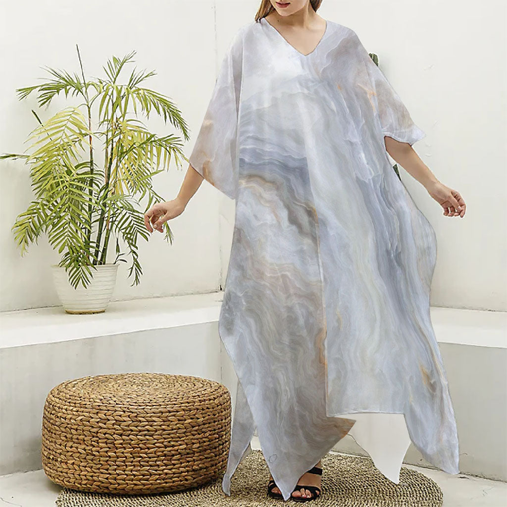 Grey Marble Print Silk V-Neck Kaftan Dress