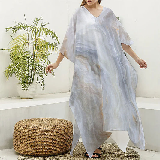 Grey Marble Print Silk V-Neck Kaftan Dress
