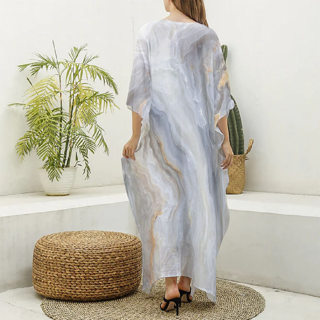Grey Marble Print Silk V-Neck Kaftan Dress