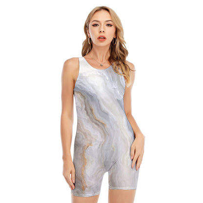 Grey Marble Print Sleeveless One Piece Swimsuit