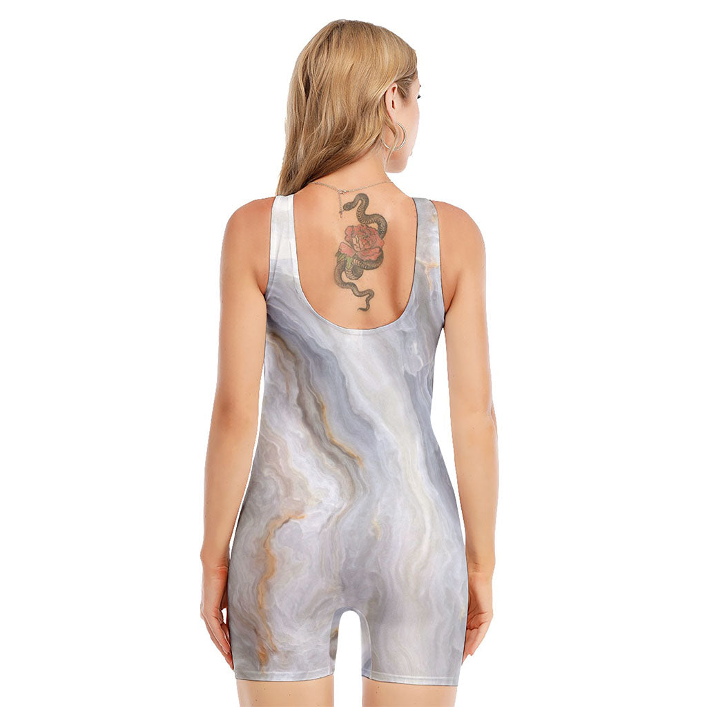 Grey Marble Print Sleeveless One Piece Swimsuit