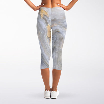 Grey Marble Print Women's Capri Leggings