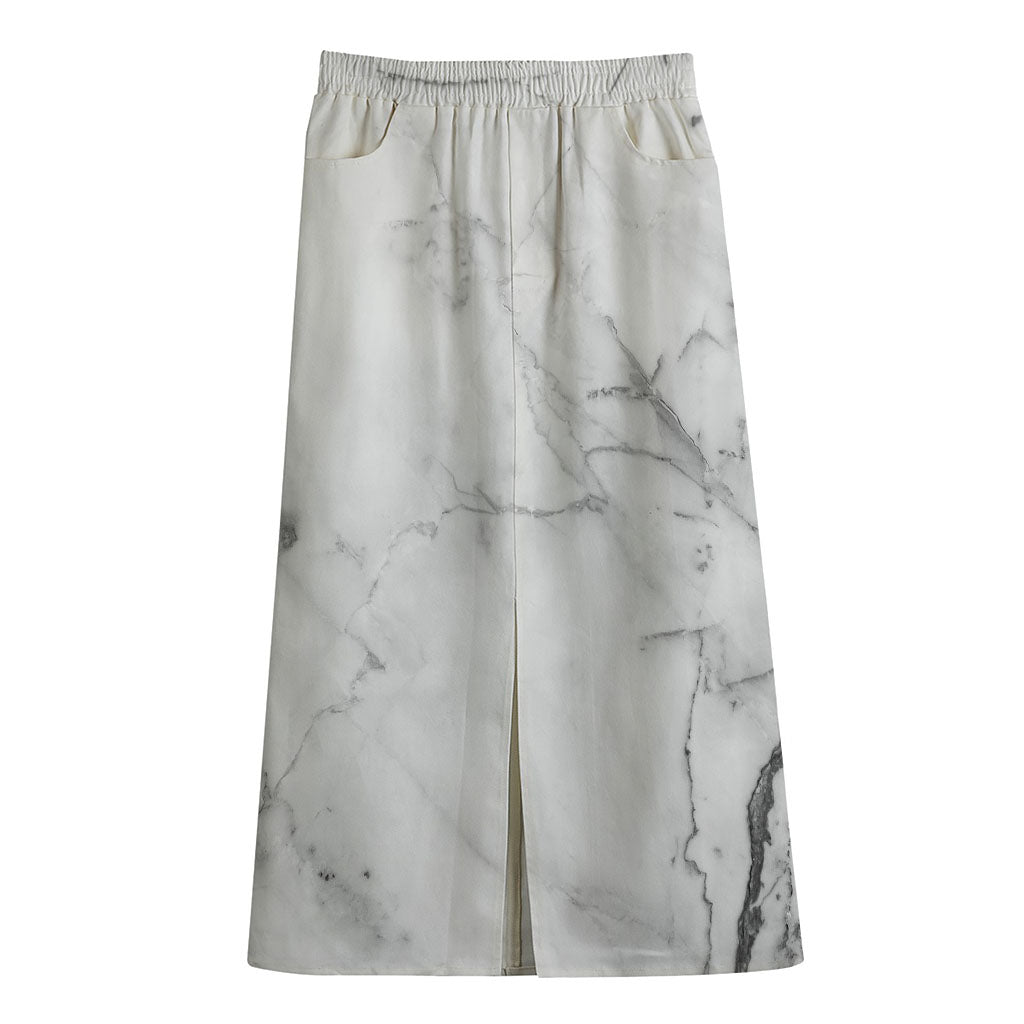 Grey Marble Stone Print Cotton Front Slit Maxi Skirt