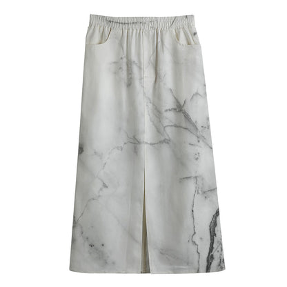 Grey Marble Stone Print Cotton Front Slit Maxi Skirt