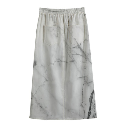 Grey Marble Stone Print Cotton Front Slit Maxi Skirt