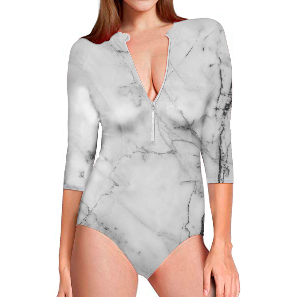 Grey Marble Stone Print Long Sleeve Swimsuit