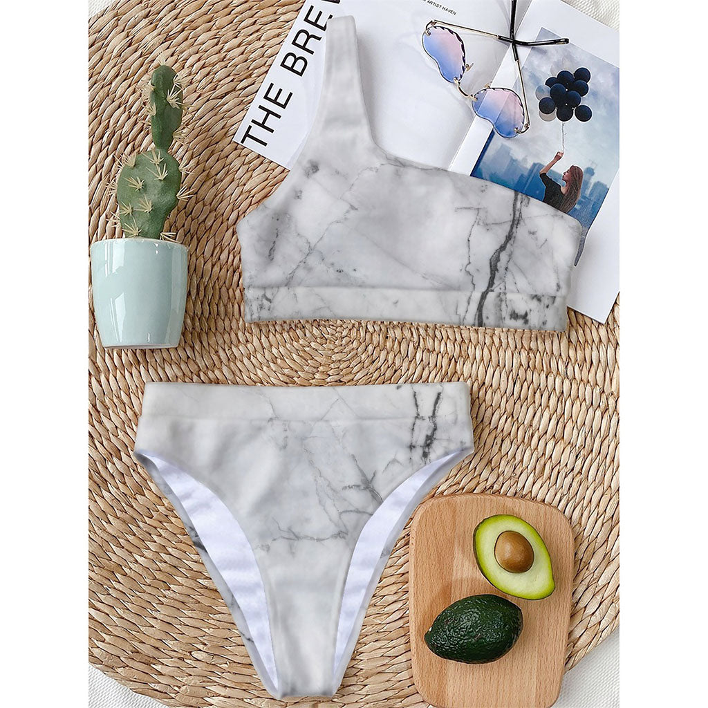 Grey Marble Stone Print One Shoulder Bikini Top
