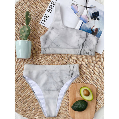 Grey Marble Stone Print One Shoulder Bikini Top