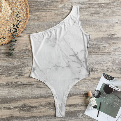 Grey Marble Stone Print One Shoulder Bodysuit