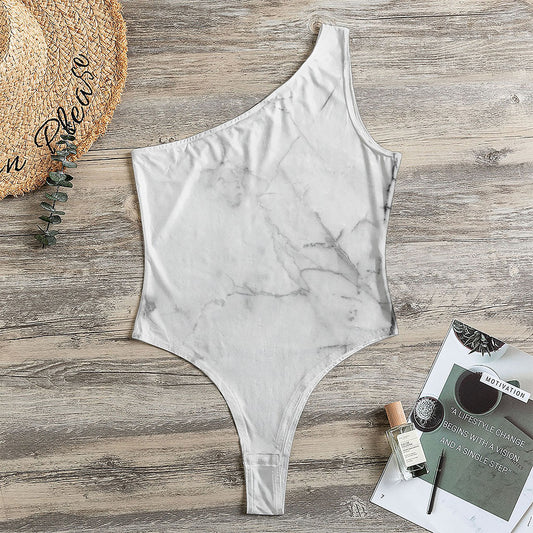 Grey Marble Stone Print One Shoulder Bodysuit