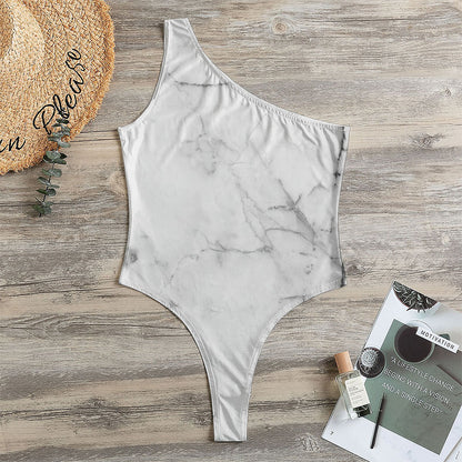 Grey Marble Stone Print One Shoulder Bodysuit