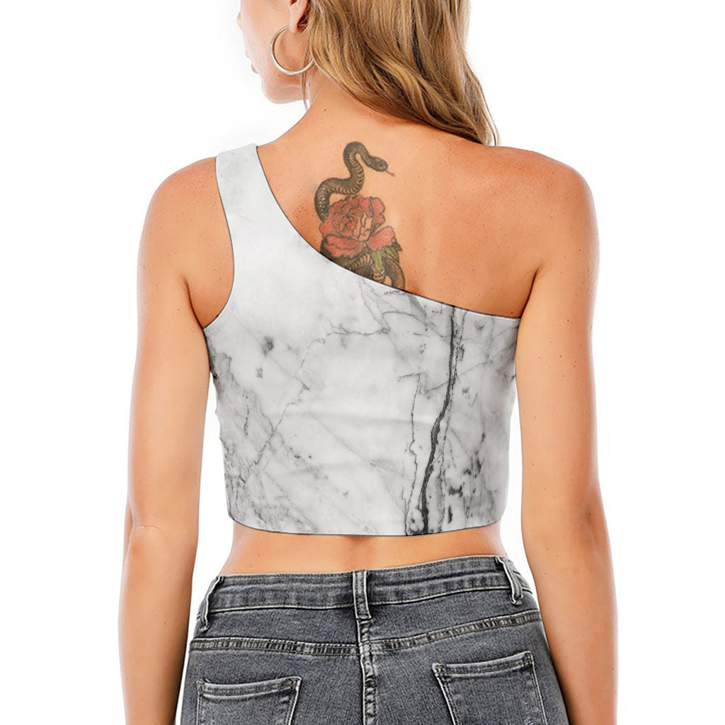 Grey Marble Stone Print One Shoulder Crop Top