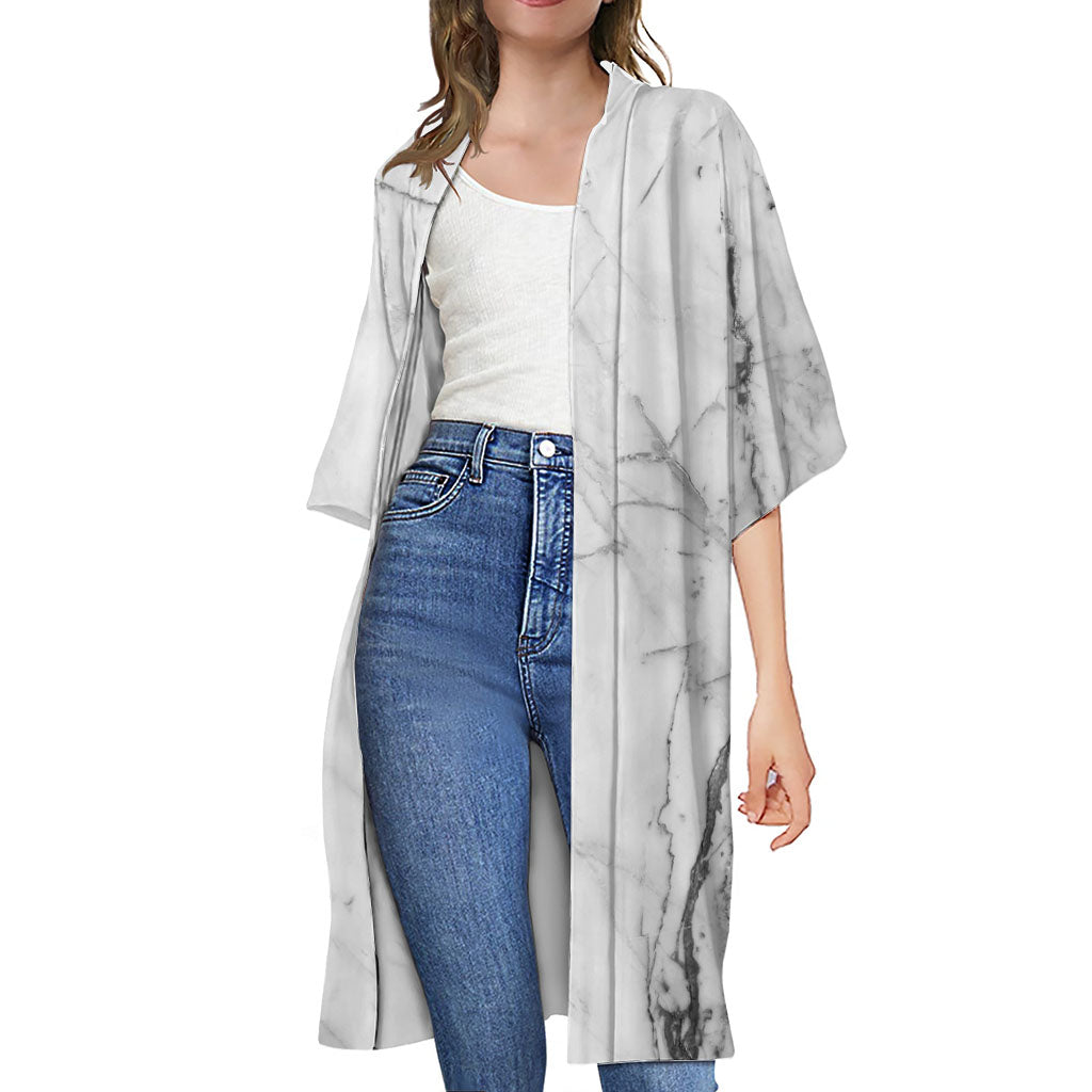 Grey Marble Stone Print Open Front Beach Cover Up
