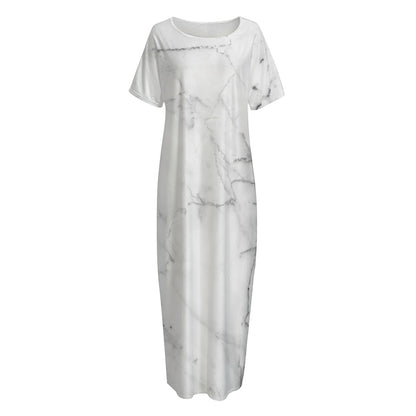 Grey Marble Stone Print Short Sleeve Long Nightdress