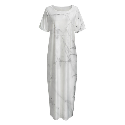 Grey Marble Stone Print Short Sleeve Long Nightdress