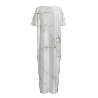 Grey Marble Stone Print Short Sleeve Long Nightdress