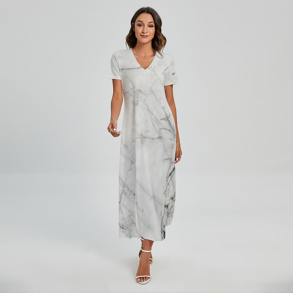 Grey Marble Stone Print Short Sleeve Maxi Dress