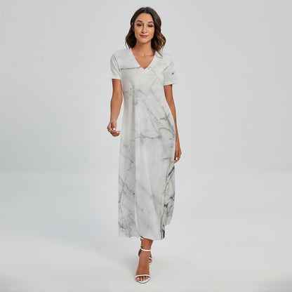 Grey Marble Stone Print Short Sleeve Maxi Dress