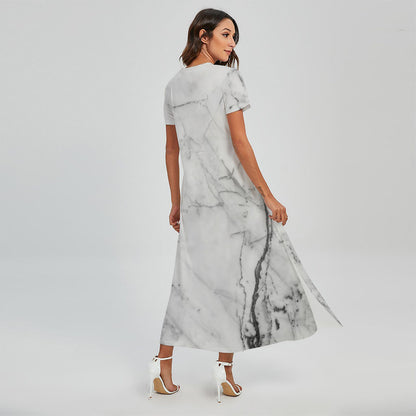 Grey Marble Stone Print Short Sleeve Maxi Dress