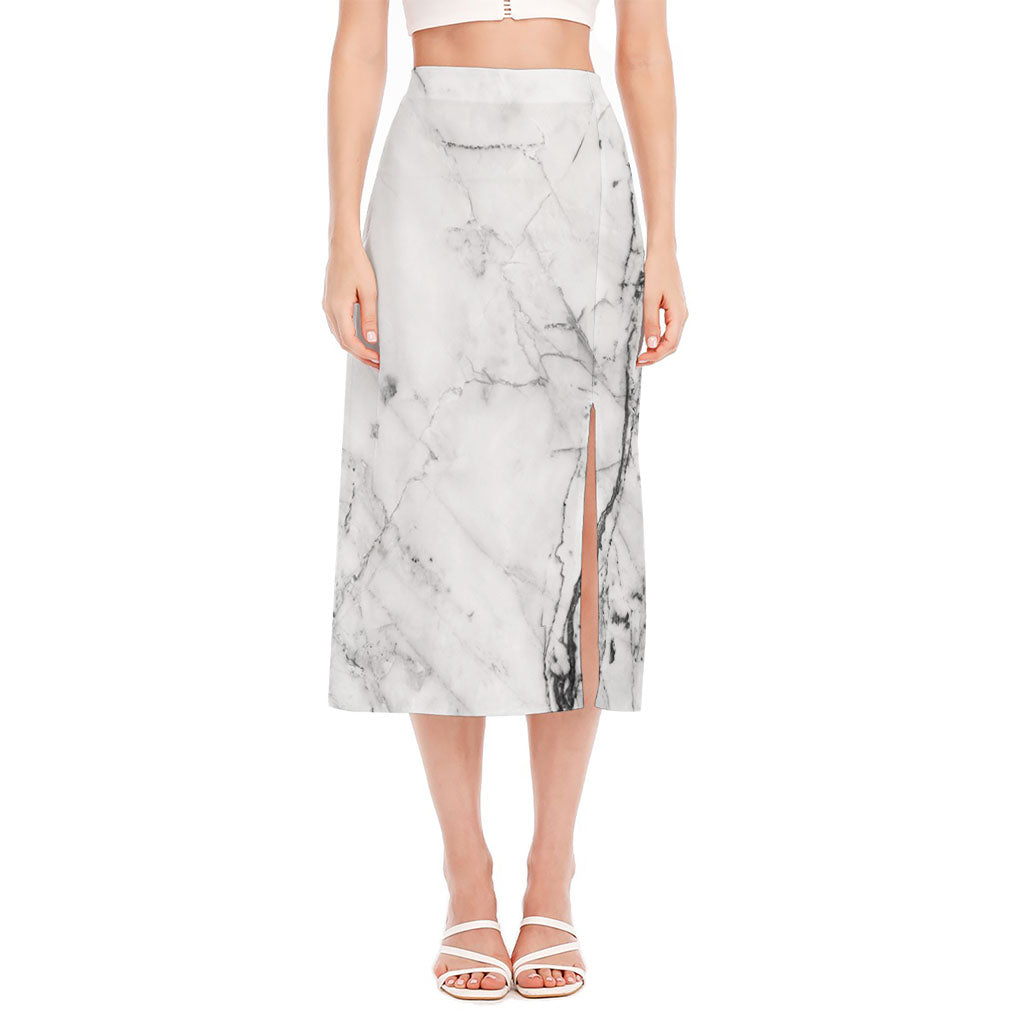 Grey Marble Stone Print Side Slit Midi Skirt