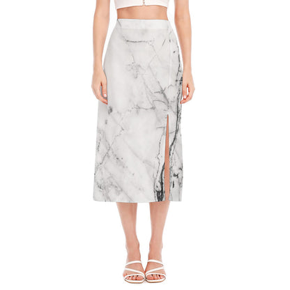 Grey Marble Stone Print Side Slit Midi Skirt