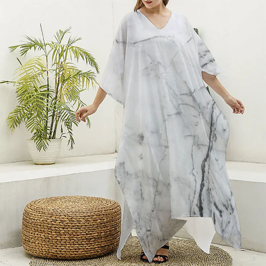 Grey Marble Stone Print Silk V-Neck Kaftan Dress