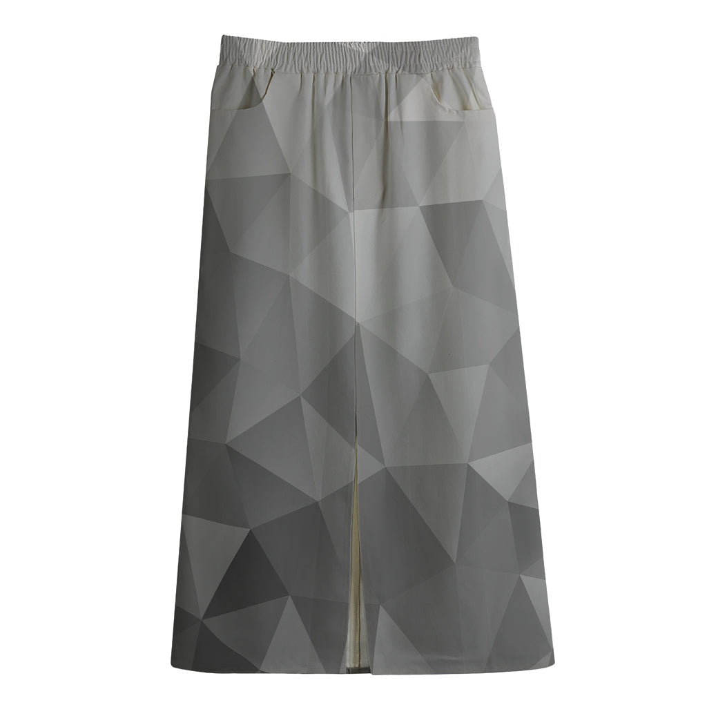Grey Polygonal Geometric Print Cotton Front Slit Maxi Skirt