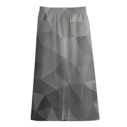 Grey Polygonal Geometric Print Cotton Front Slit Maxi Skirt