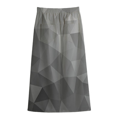 Grey Polygonal Geometric Print Cotton Front Slit Maxi Skirt
