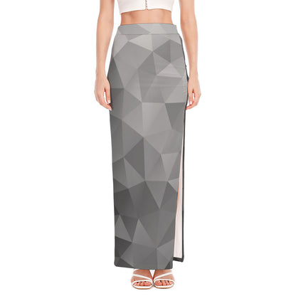 Grey Polygonal Geometric Print High Slit Maxi Skirt