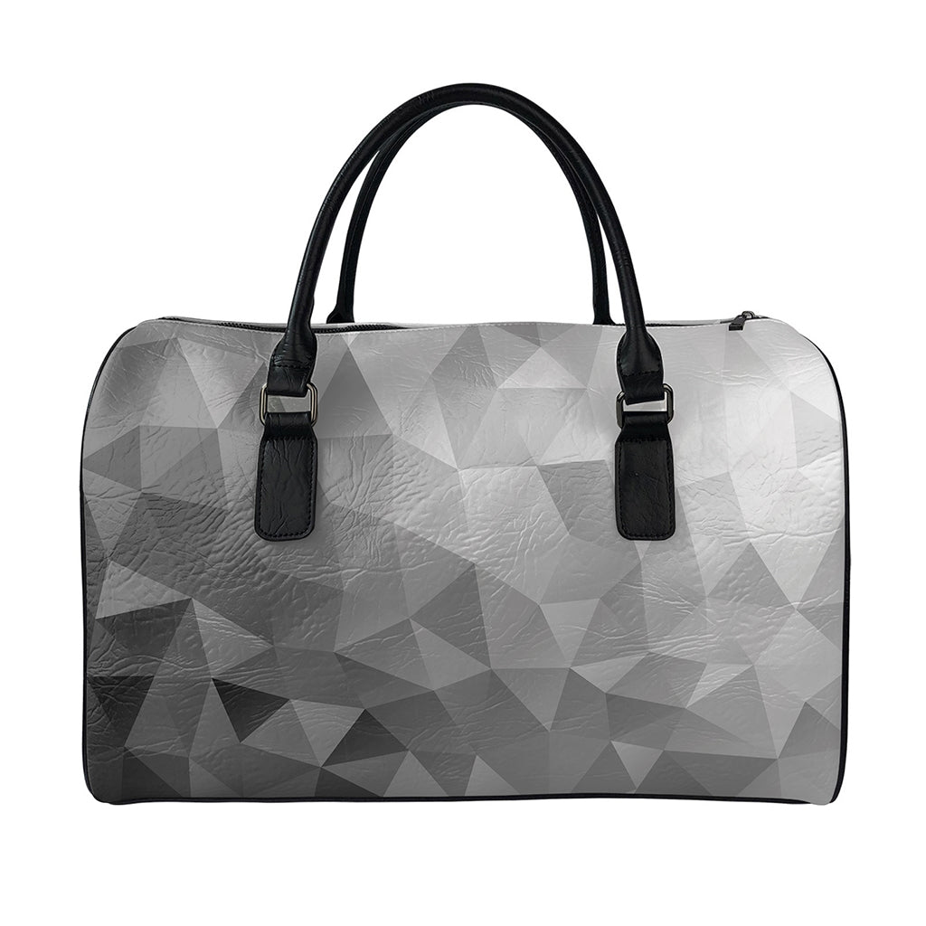 Grey Polygonal Geometric Print Leather Duffle Bag