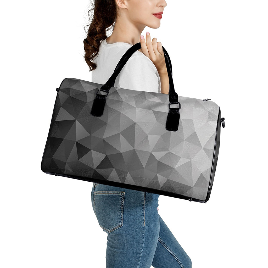 Grey Polygonal Geometric Print Leather Duffle Bag