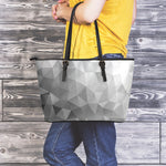 Grey Polygonal Geometric Print Leather Tote Bag