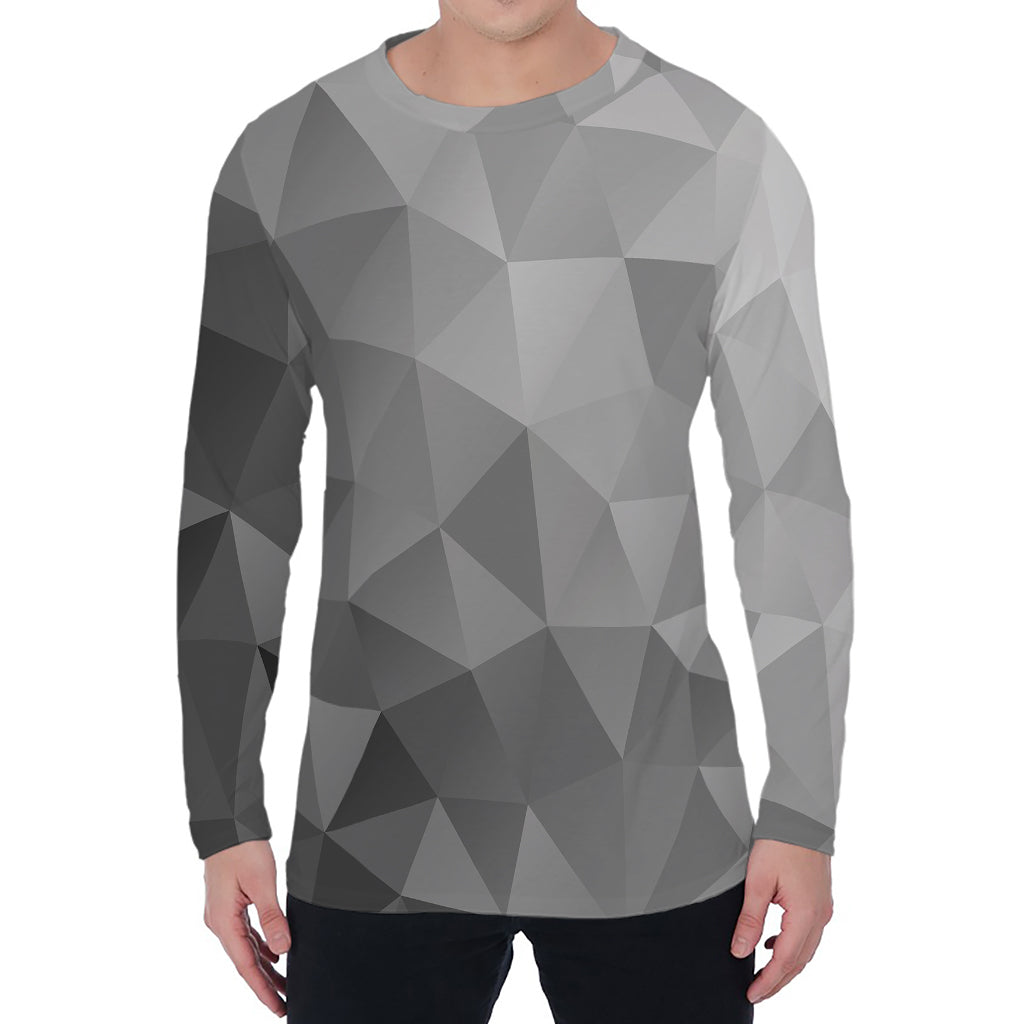 Grey Polygonal Geometric Print Men's Long Sleeve T-Shirt