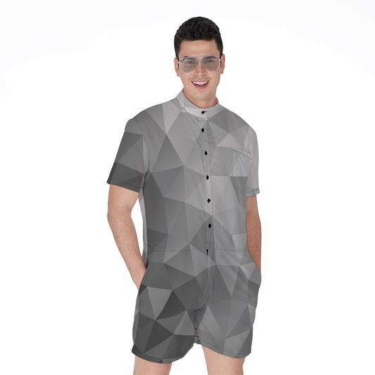 Grey Polygonal Geometric Print Men's Rompers
