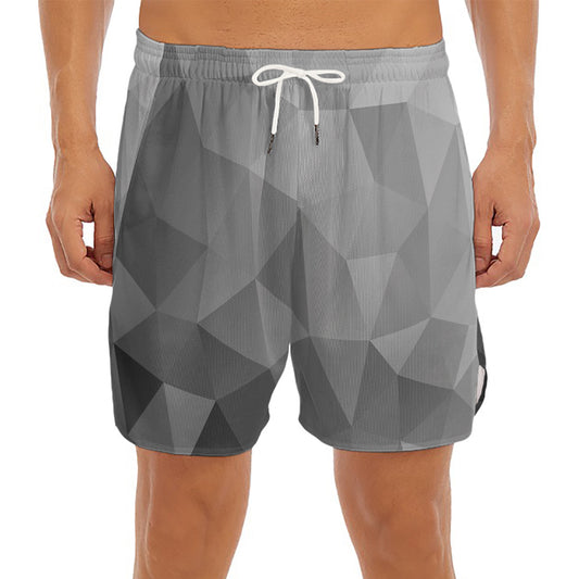 Grey Polygonal Geometric Print Men's Split Running Shorts