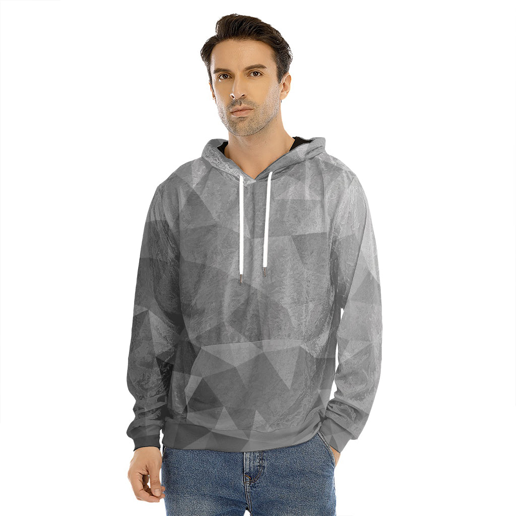 Grey Polygonal Geometric Print Men's Velvet Pullover Hoodie