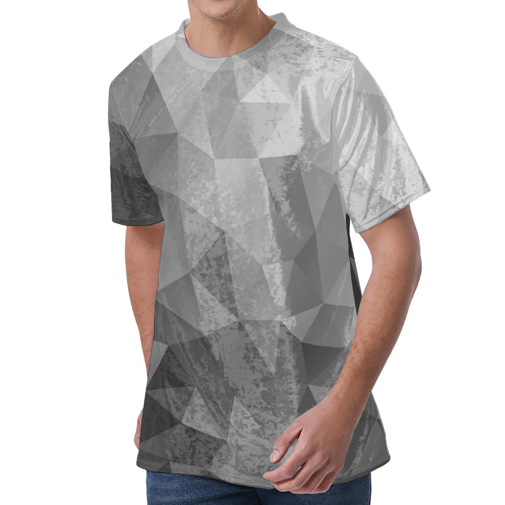 Grey Polygonal Geometric Print Men's Velvet T-Shirt