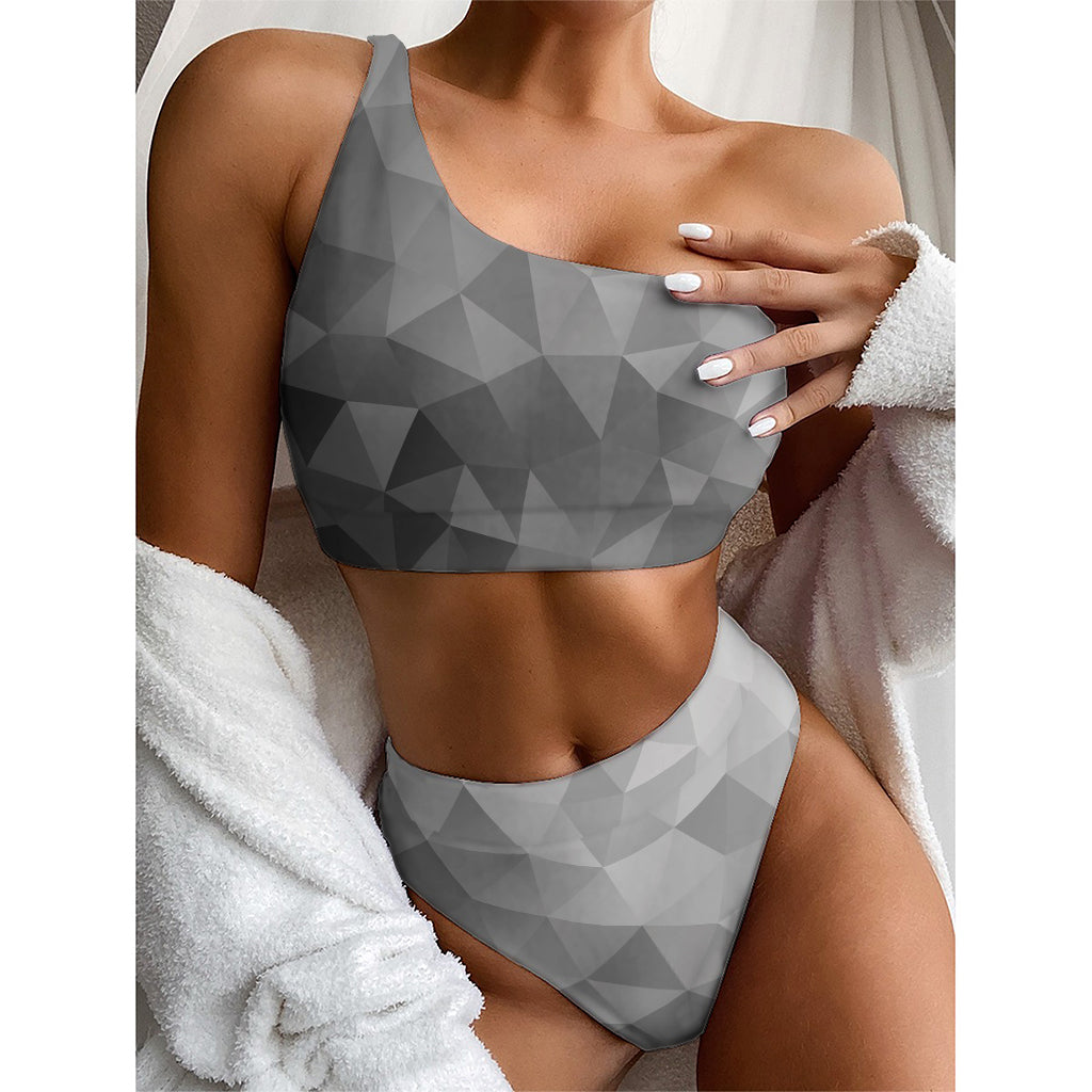 Grey Polygonal Geometric Print One Shoulder Bikini Top