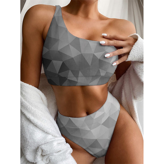 Grey Polygonal Geometric Print One Shoulder Bikini Top
