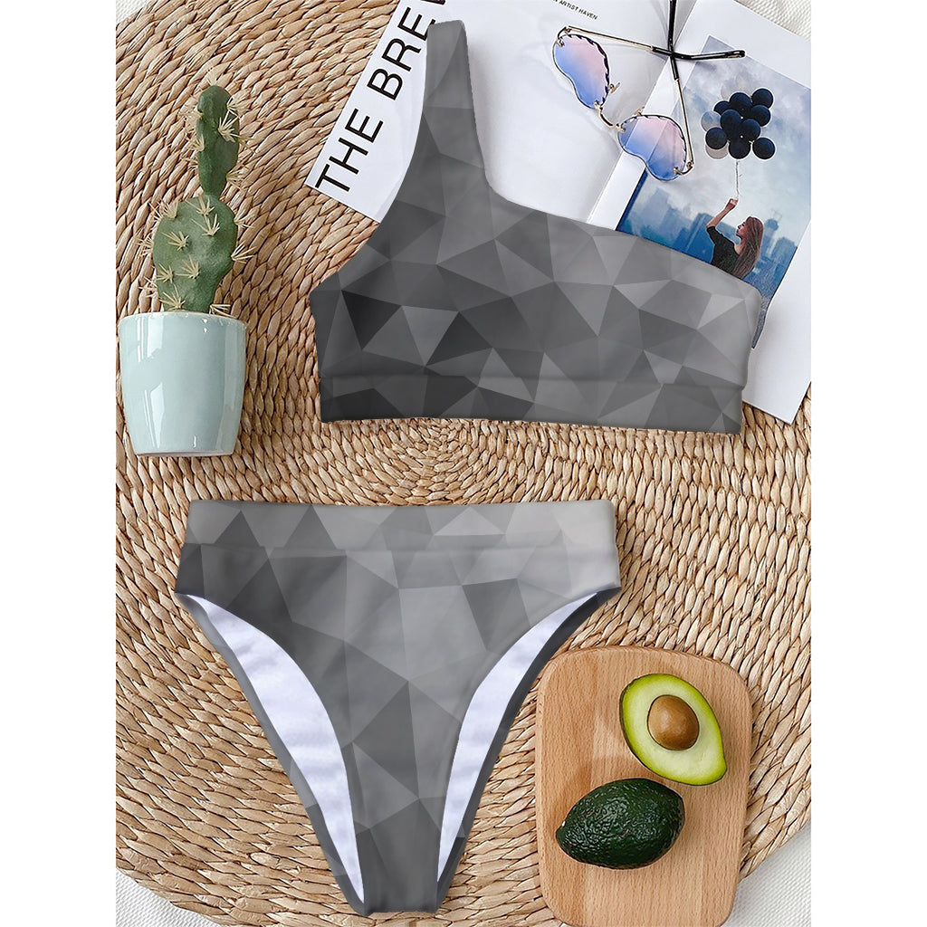 Grey Polygonal Geometric Print One Shoulder Bikini Top