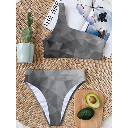 Grey Polygonal Geometric Print One Shoulder Bikini Top