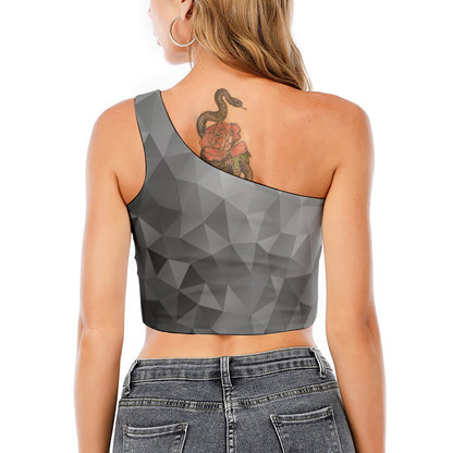 Grey Polygonal Geometric Print One Shoulder Crop Top